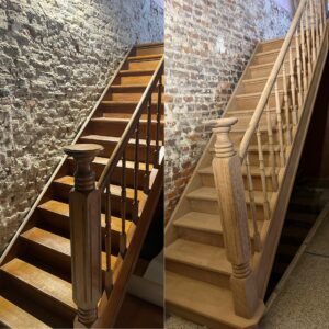 Foto van zandstralen voor en na: een eiken trap